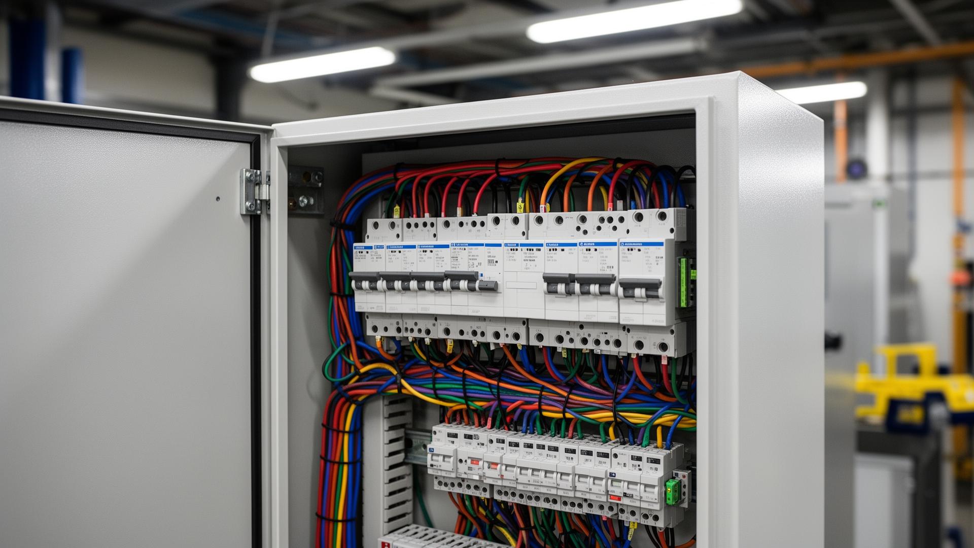 Open industrial control panel with neat PLC wiring inside a Fresno facility