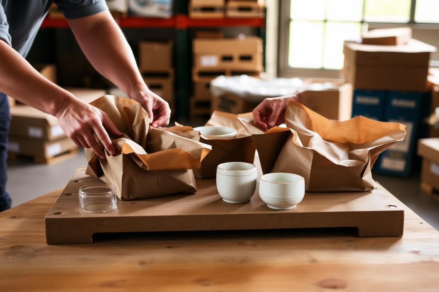 Two team members packing ceramic orders at the warehouse