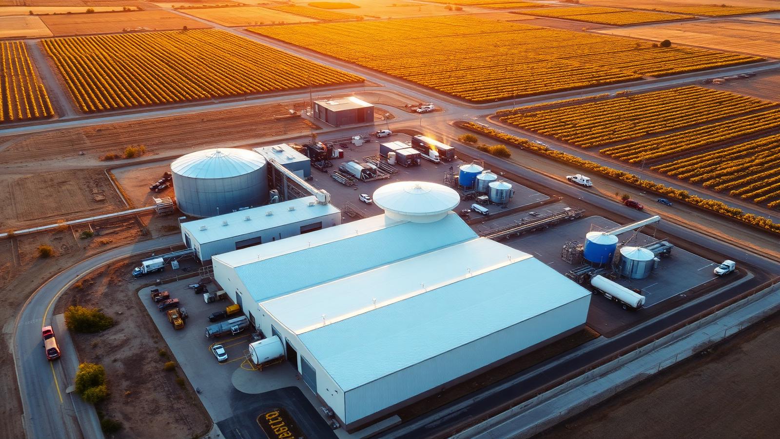 Aerial view of a Central Valley agricultural processing facility at golden hour