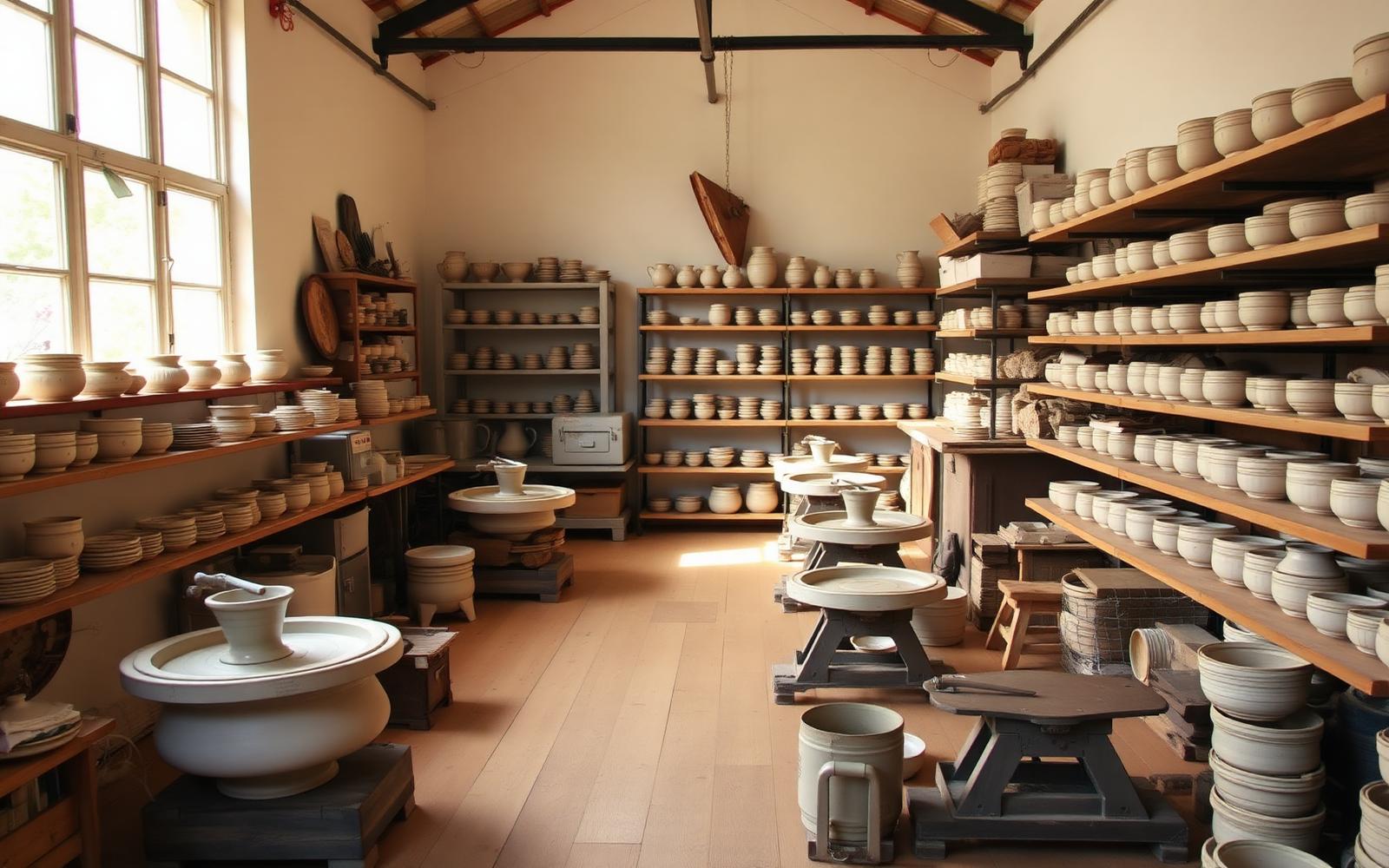 Partner pottery workshop with shelves of drying stoneware